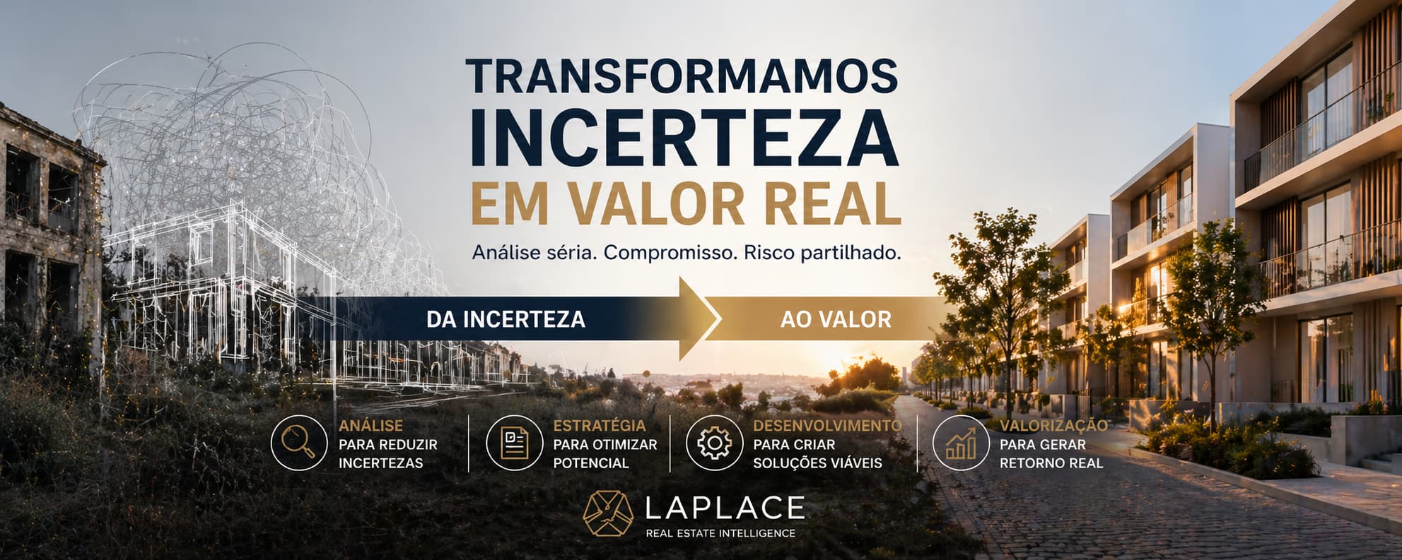 Banner Laplace dividido entre um edifício em ruína, desenhado por cima a traço branco, e um empreendimento residencial concluído ao pôr do sol. Texto: «Transformamos incerteza em valor real — Análise séria. Compromisso. Risco partilhado», com a seta «Da incerteza ao valor» e os quatro passos Análise, Estratégia, Desenvolvimento e Valorização.