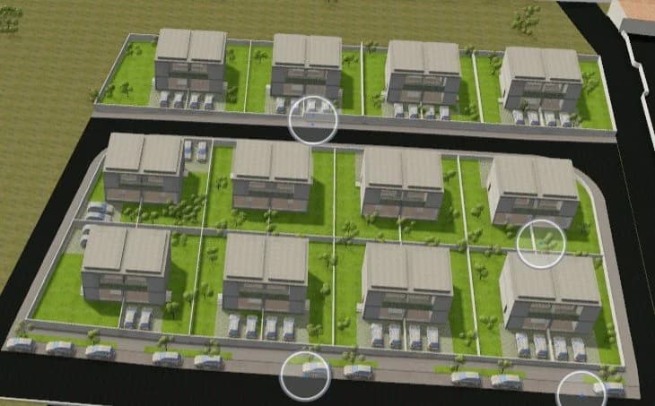 Maqueta 3D vista de cima de um loteamento residencial: doze moradias geminadas de cobertura plana, cada uma com jardim relvado e lugares de estacionamento, ao longo de duas ruas.